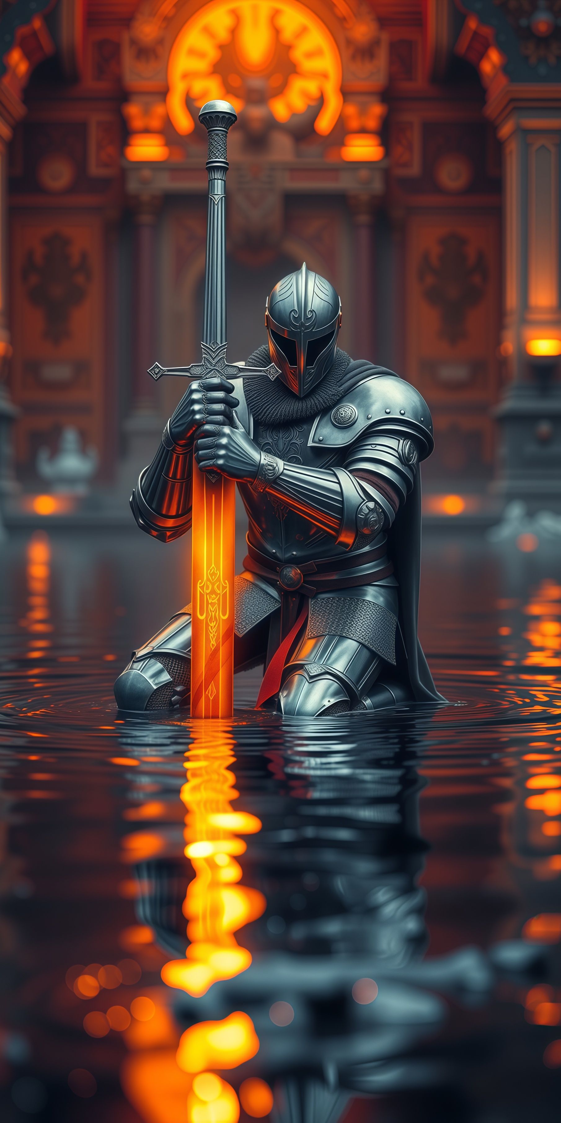 Fantasy Knight Glowing Sword Water Reflection Wallpaper
