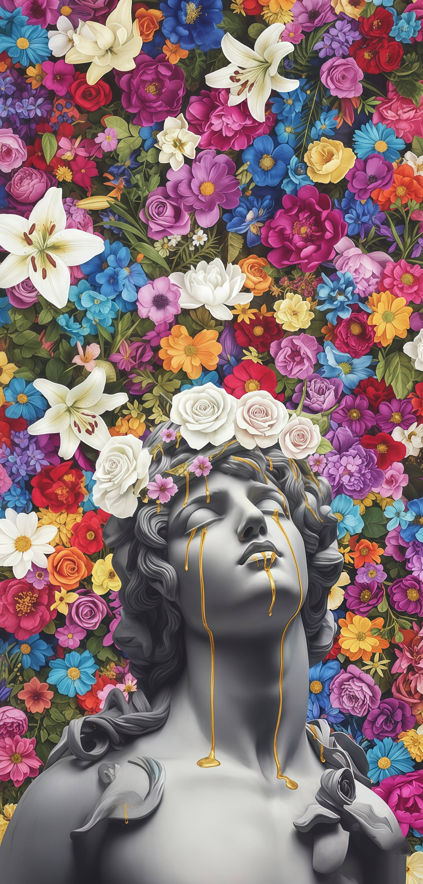 Golden Tears Statue Floral Elegance Wallpaper