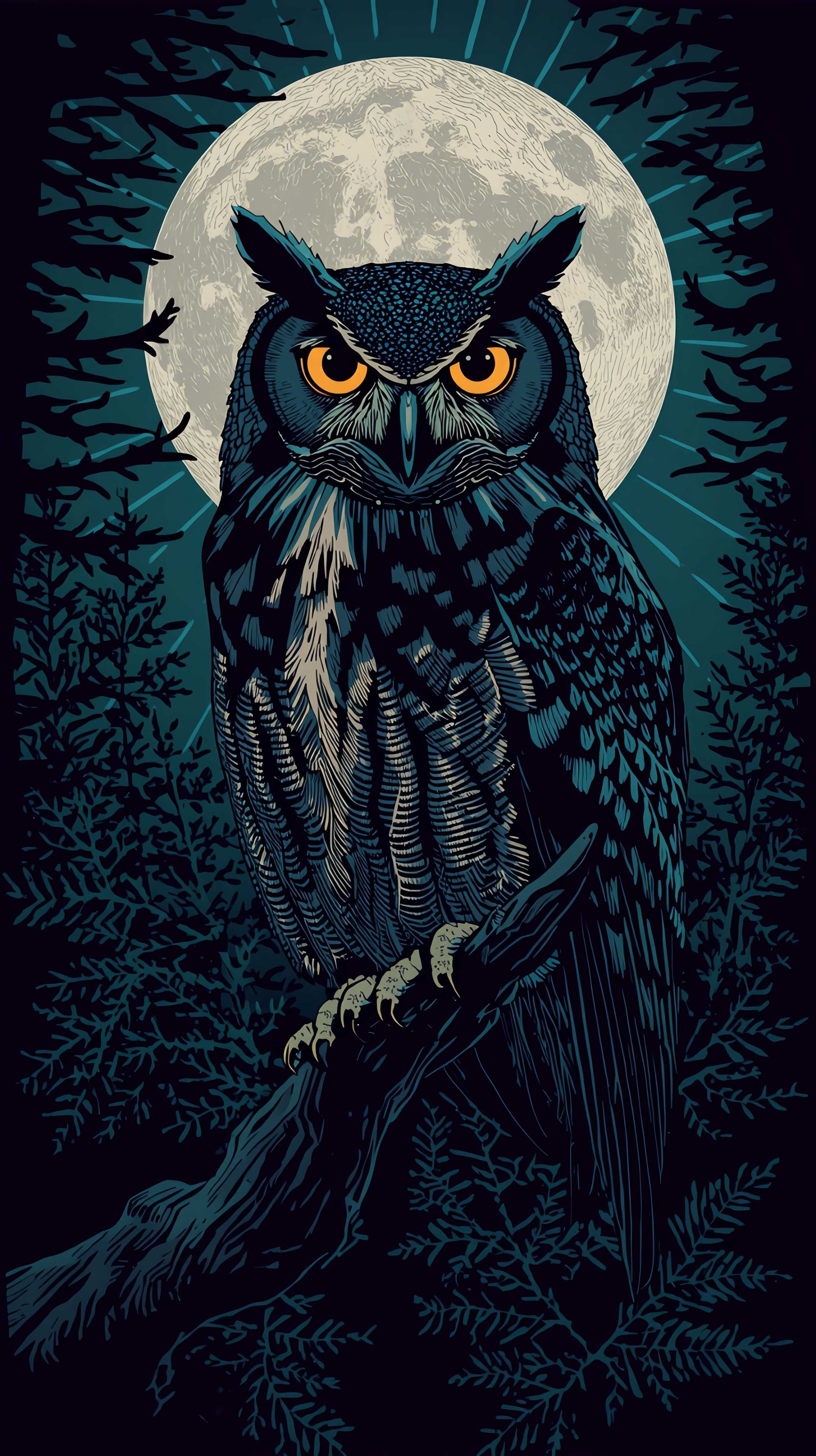 Great Horned Owl Full Moon Art Wallpaper