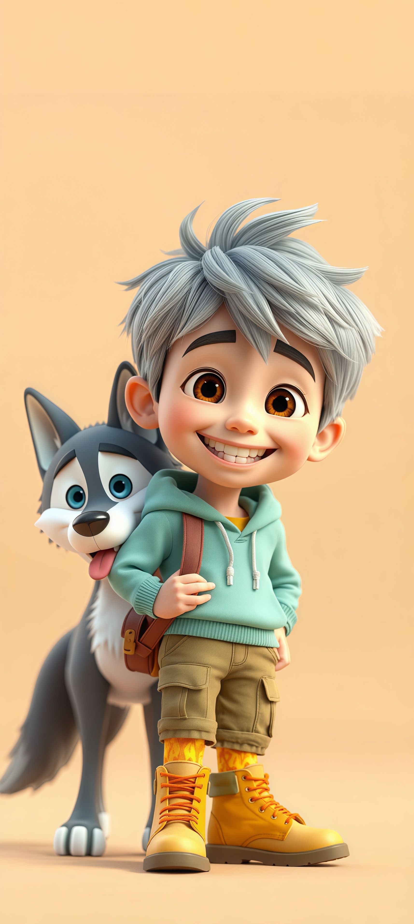 Adorable Cartoon Boy and Loyal Wolf Companion Wallpaper