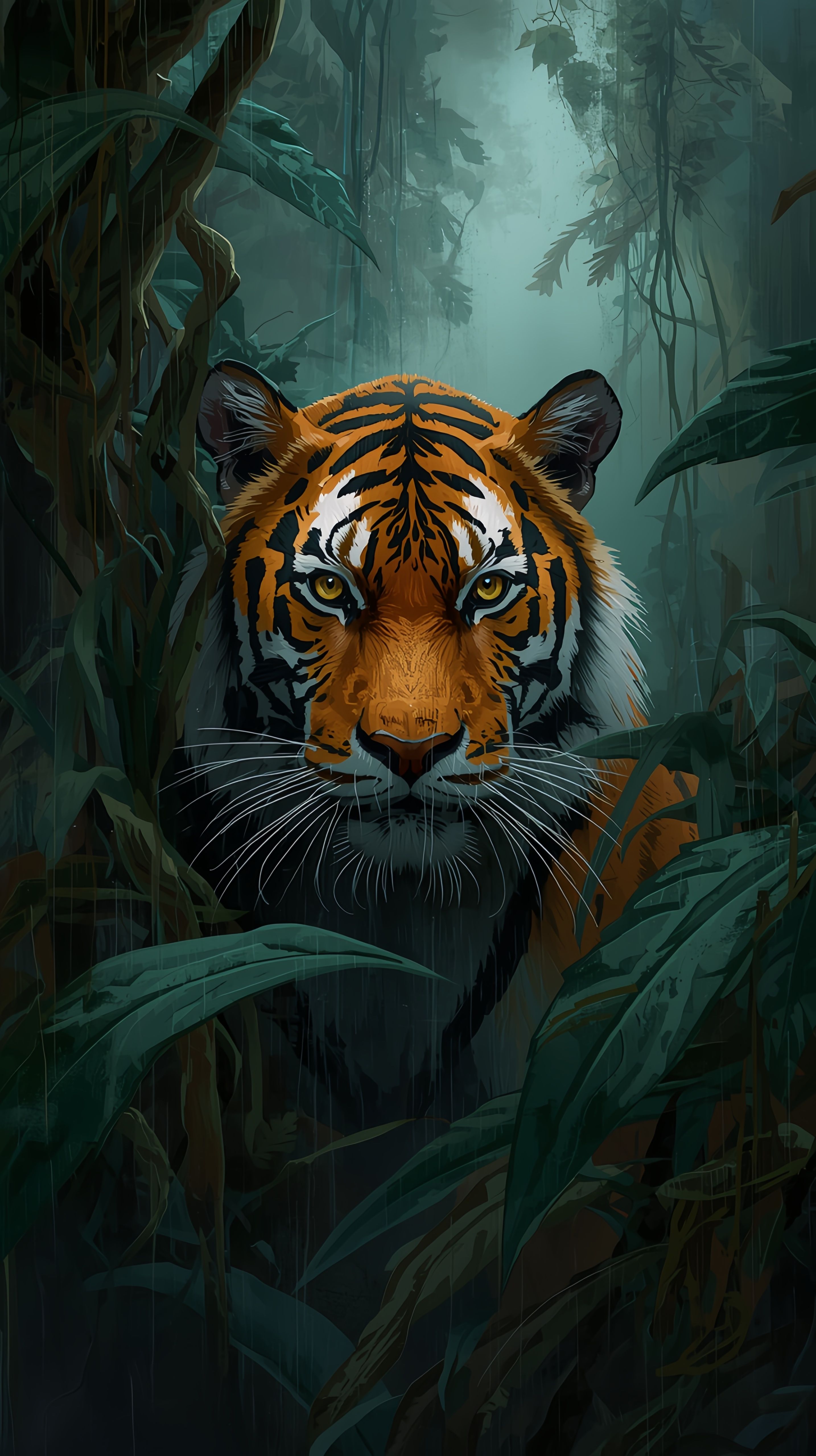 Intense Tiger Face Rain Jungle Green Wallpaper