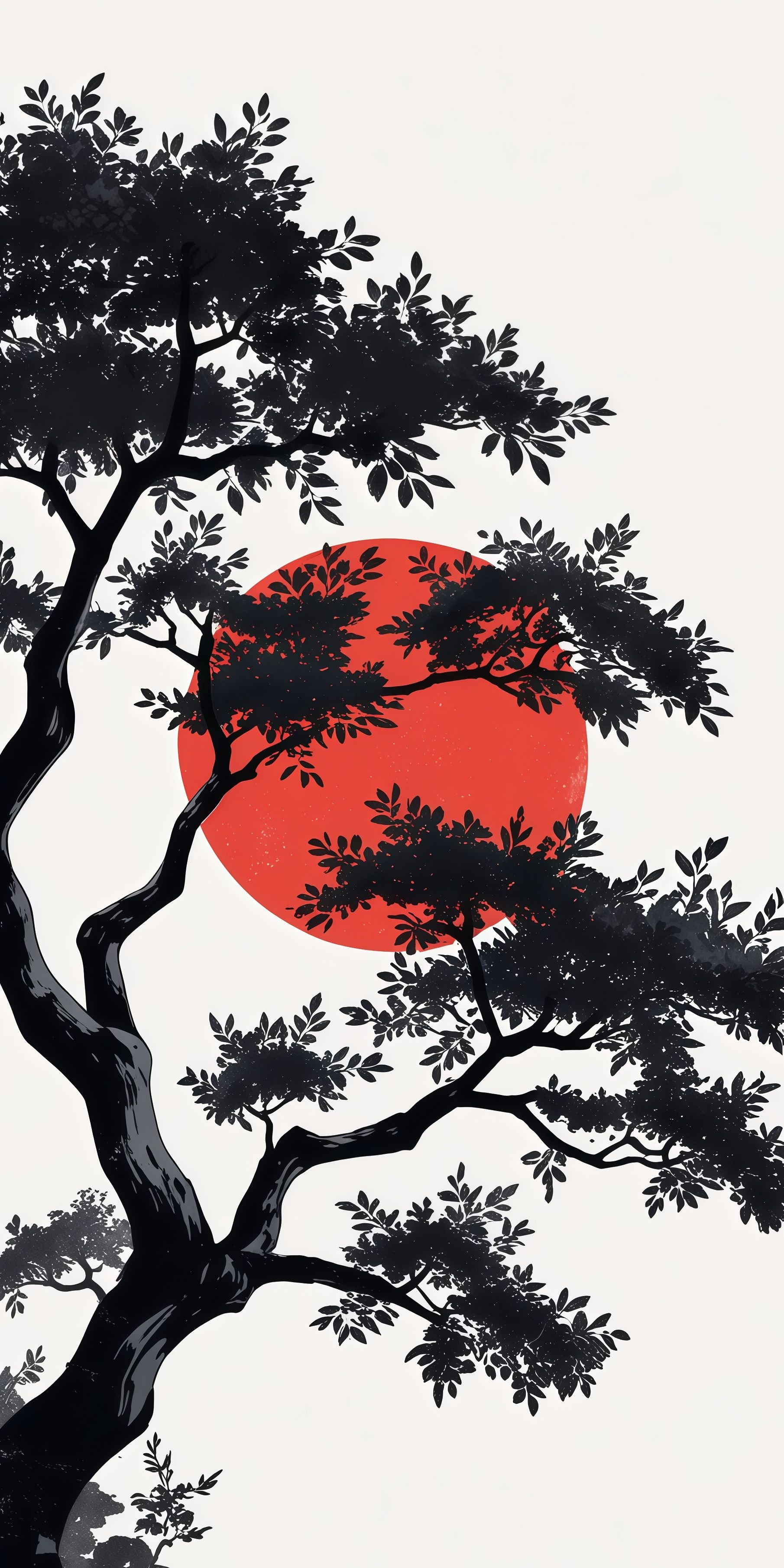 Japanese Aesthetic Tree Red Sun Minimalist Wallpaper