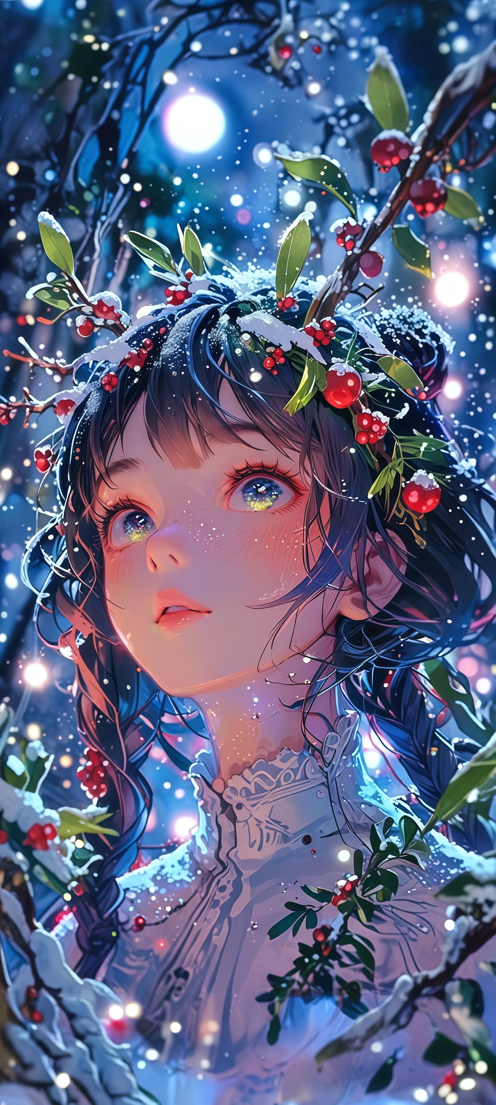 Magical Winter Anime Girl Holly Berries Wallpaper