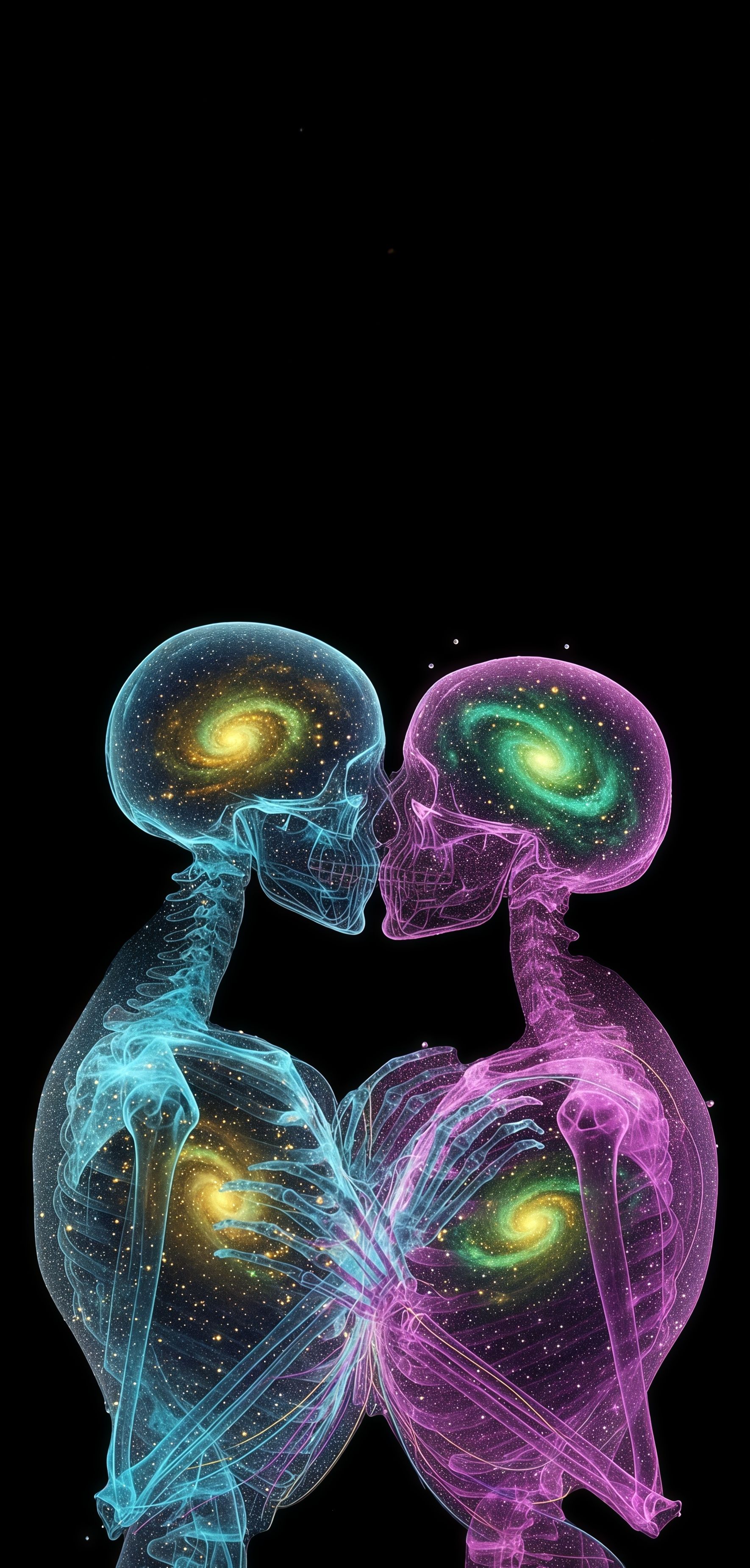 Neon Cosmic Lovers Skeleton Kiss X-Ray Wallpaper