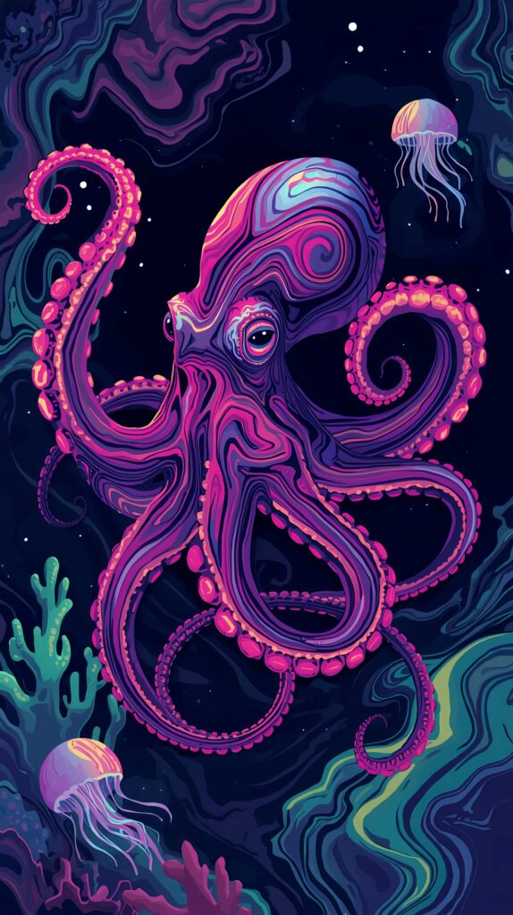 Neon Psychedelic Octopus Underwater Wallpaper