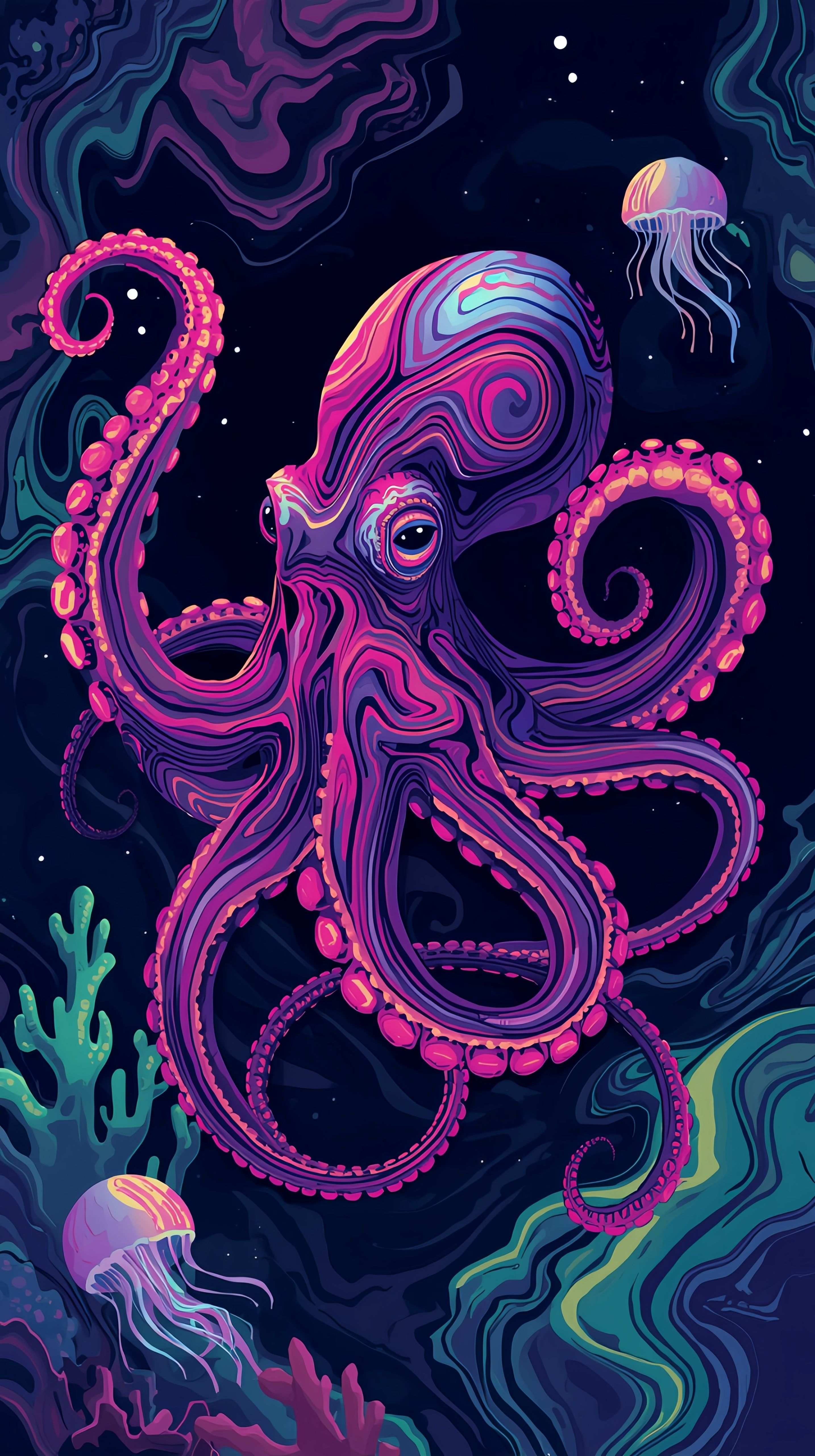 Neon Psychedelic Octopus Underwater Wallpaper