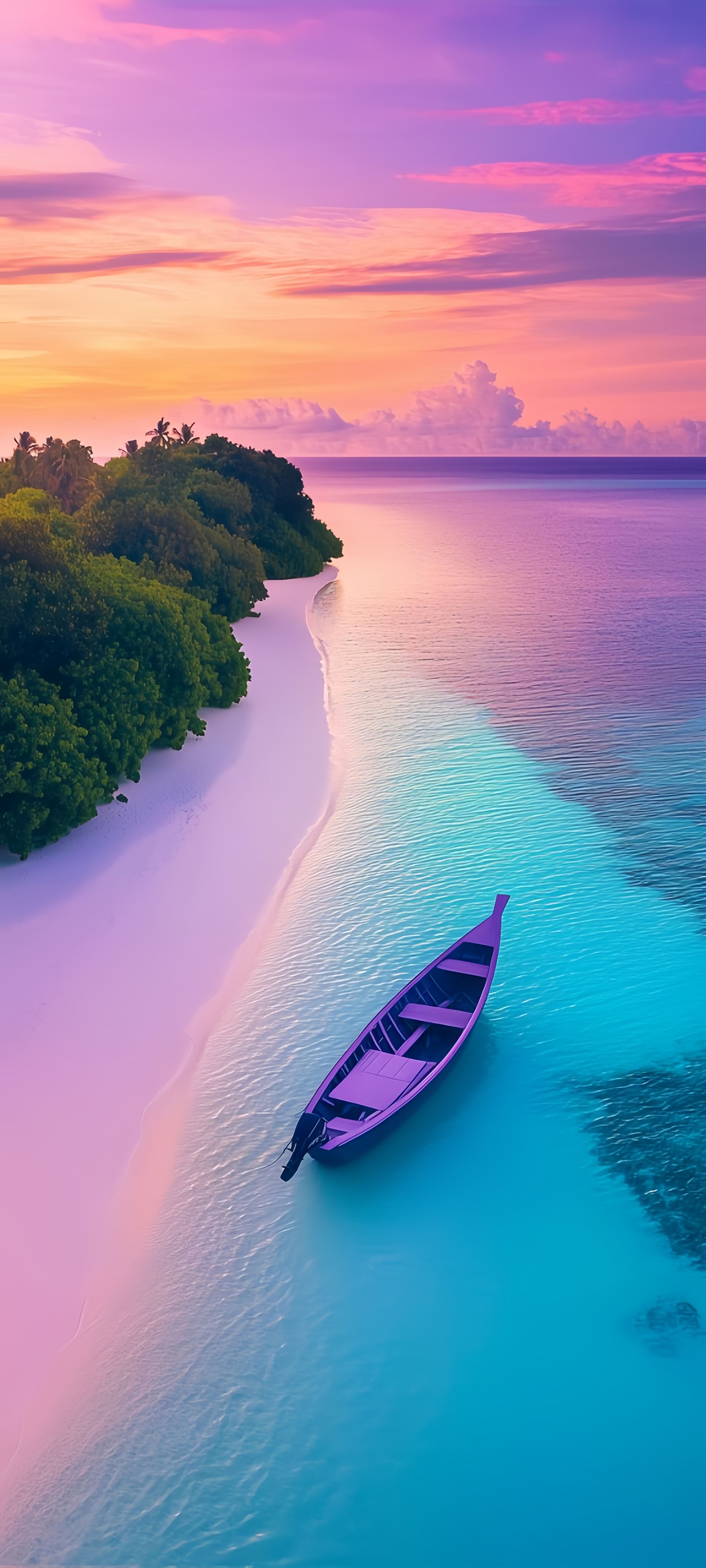 Purple Boat Pink Sunset Tropical Beach Wallpaper