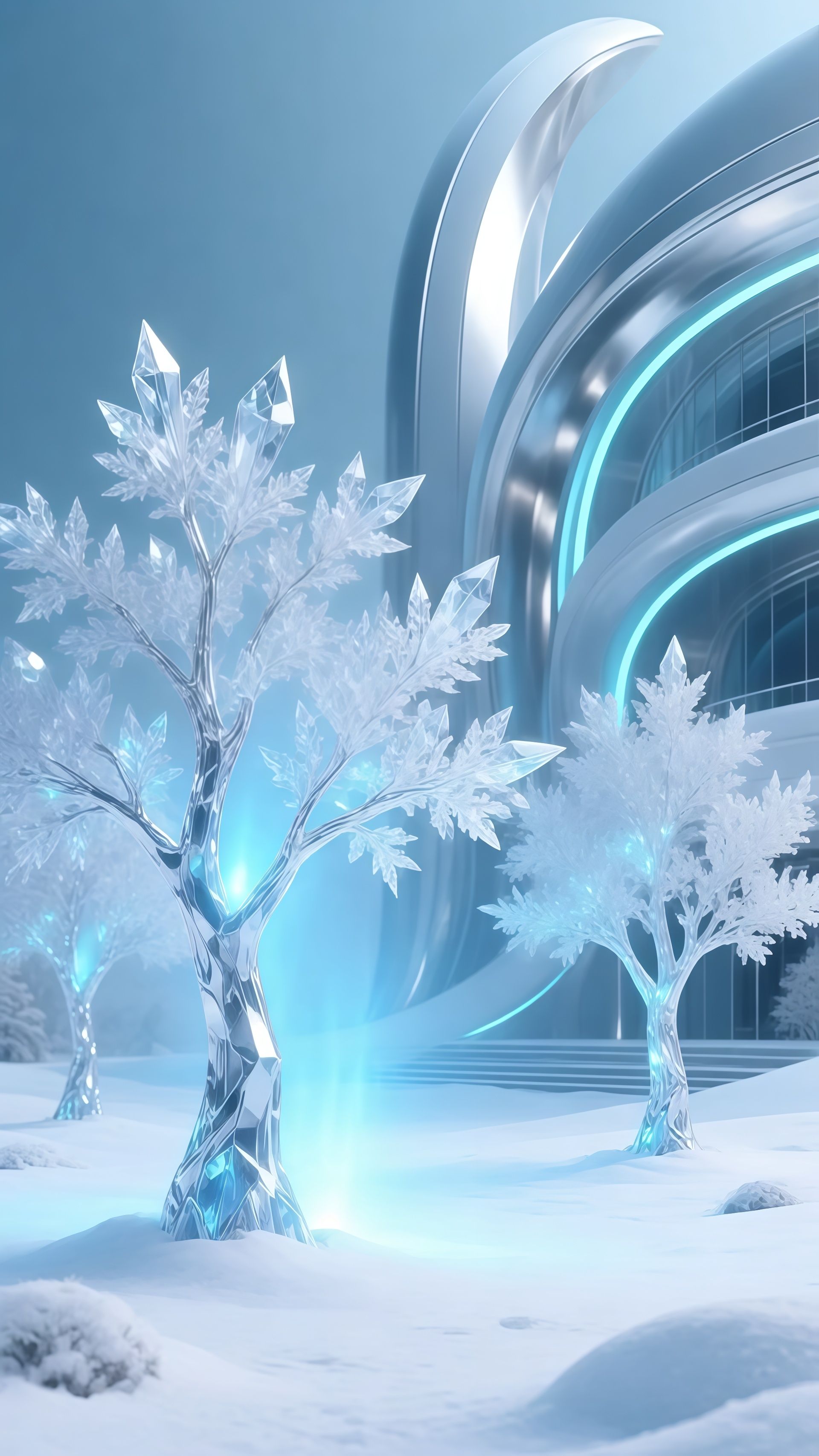 Sci-Fi Winter Crystal Trees Futuristic City Wallpaper