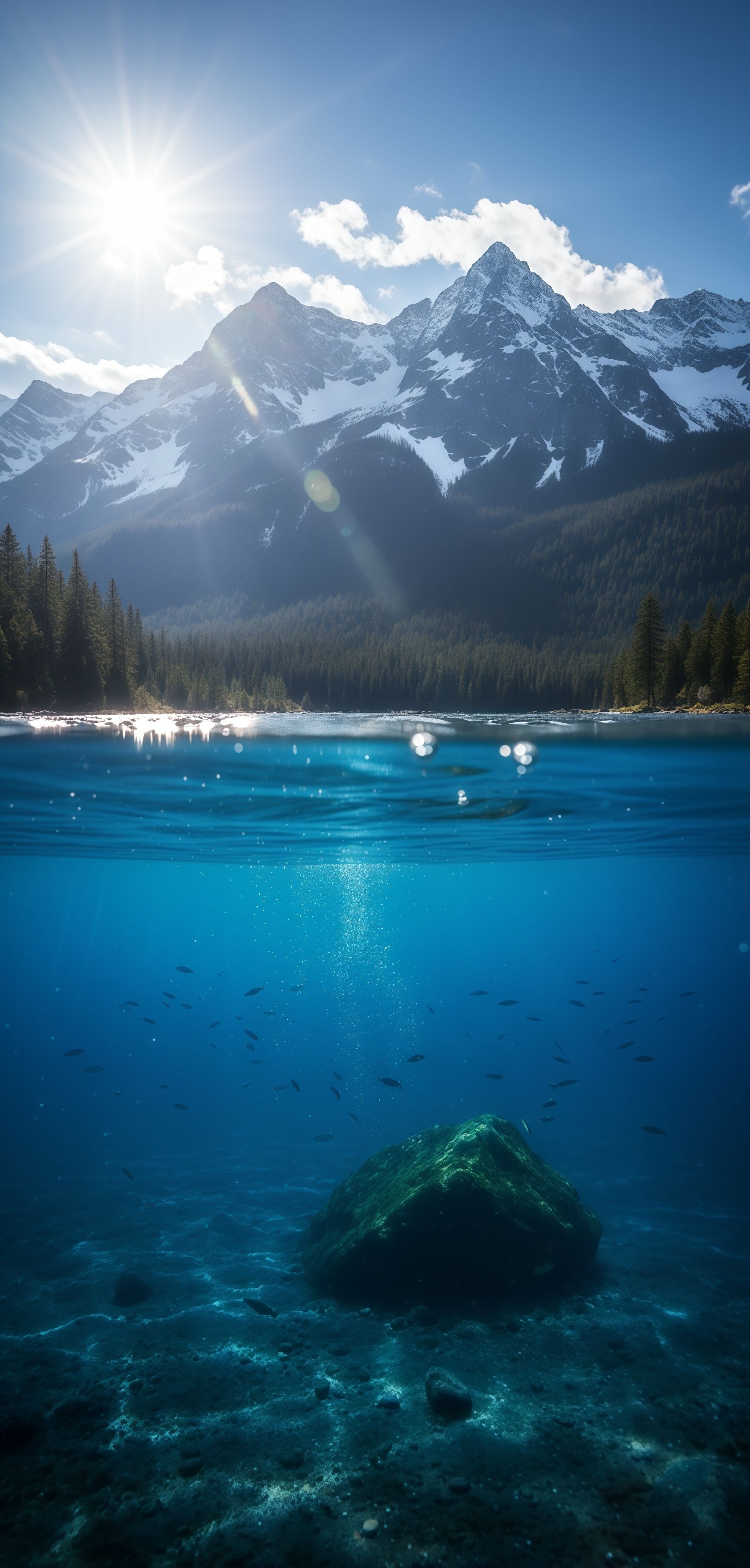 Snowy Mountain Lake Submerged Rock Wallpaper