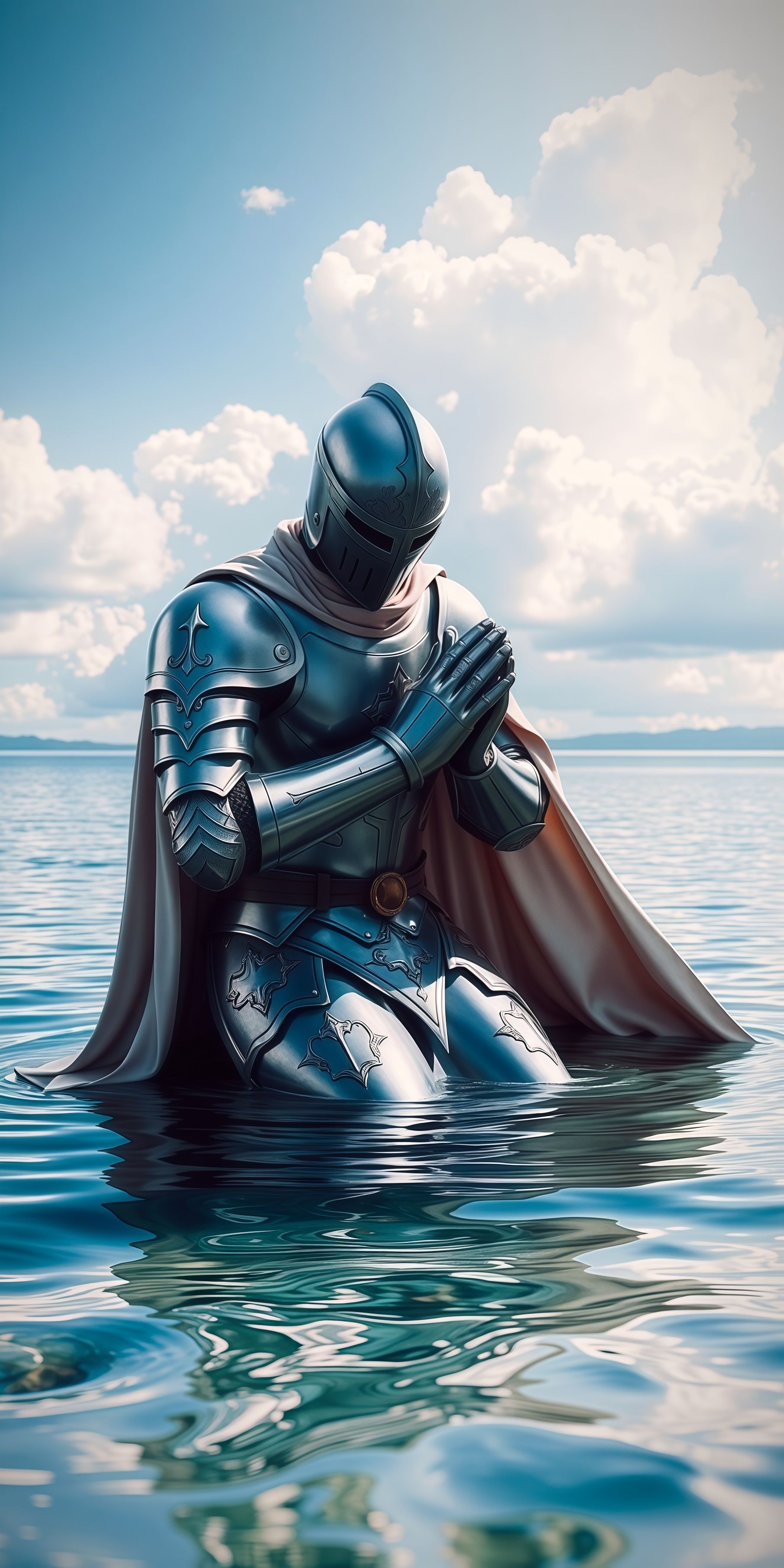 Solitary Knight Kneeling in Water Prayer Wallpaper