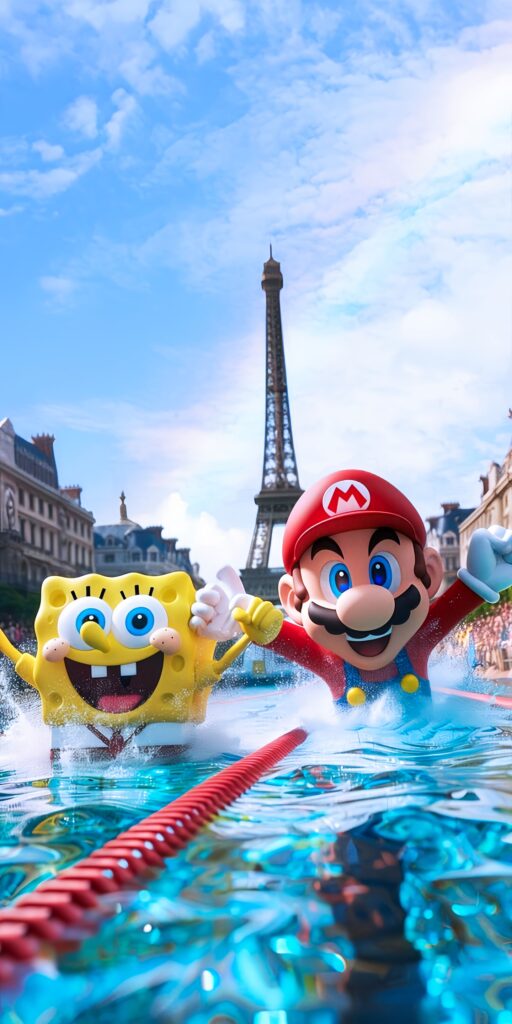 SpongeBob and Mario Racing in Paris Wallpaper