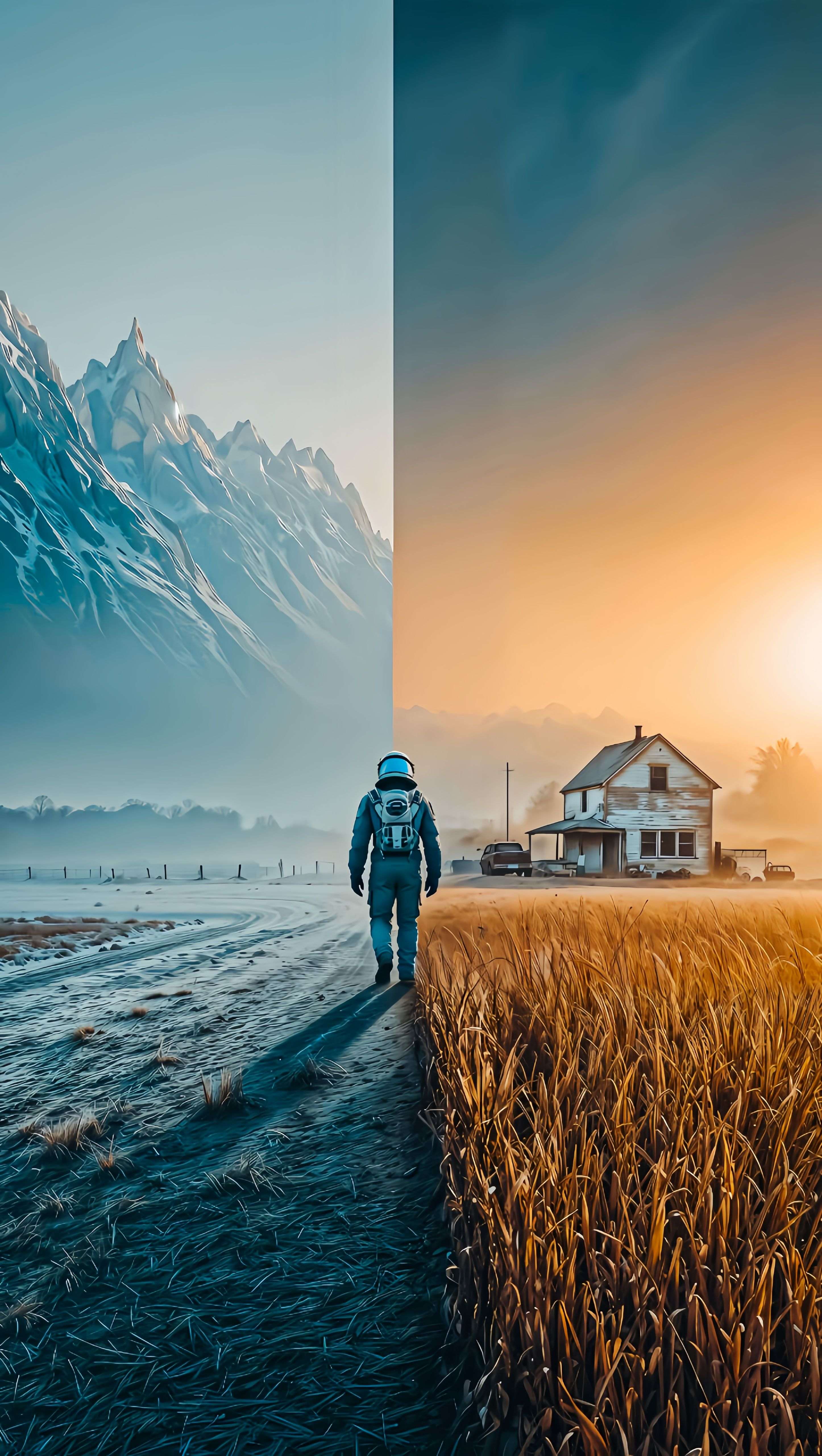 Surreal Astronaut Split Landscape Digital Art Wallpaper