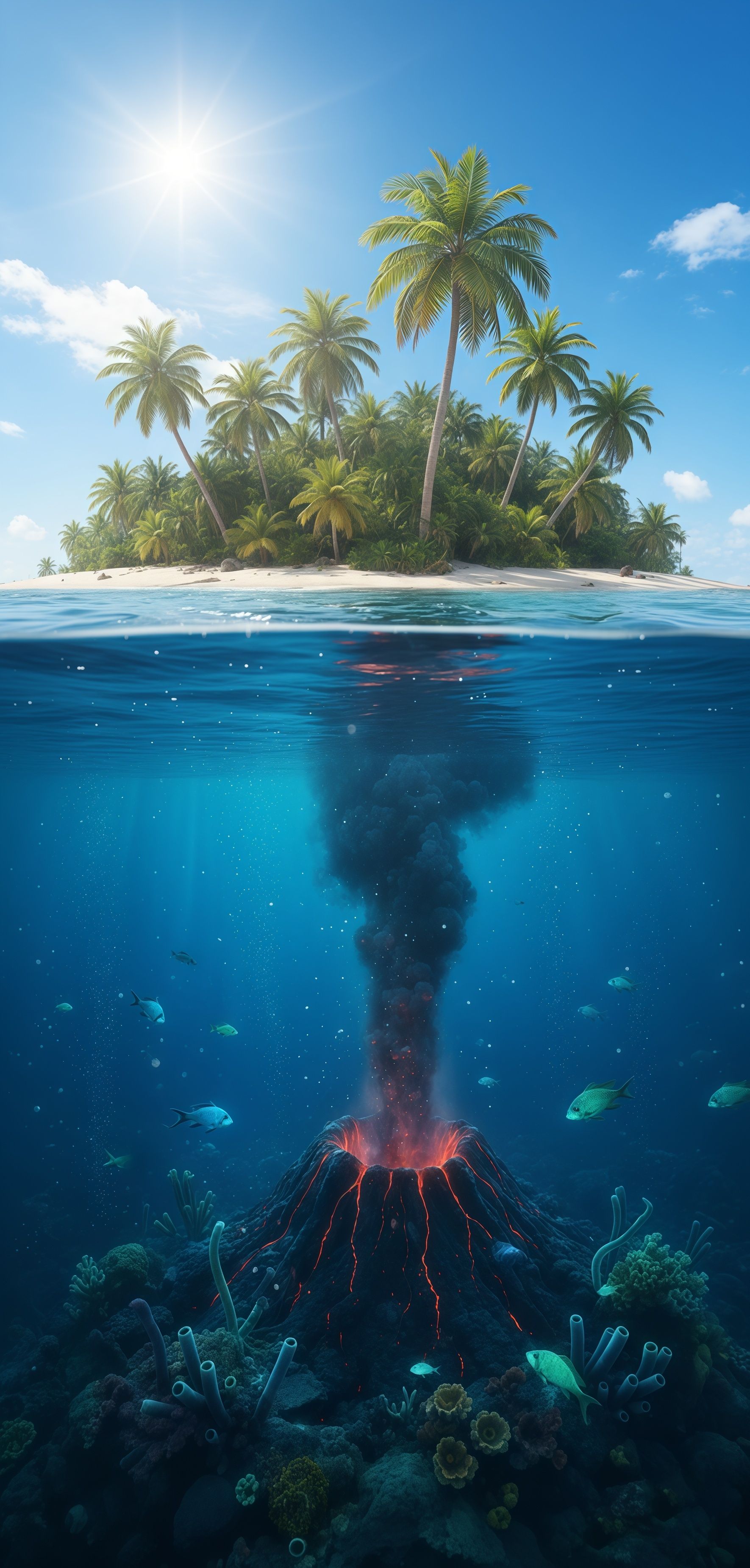 Tropical Island Underwater Volcano Eruption Wallpaper