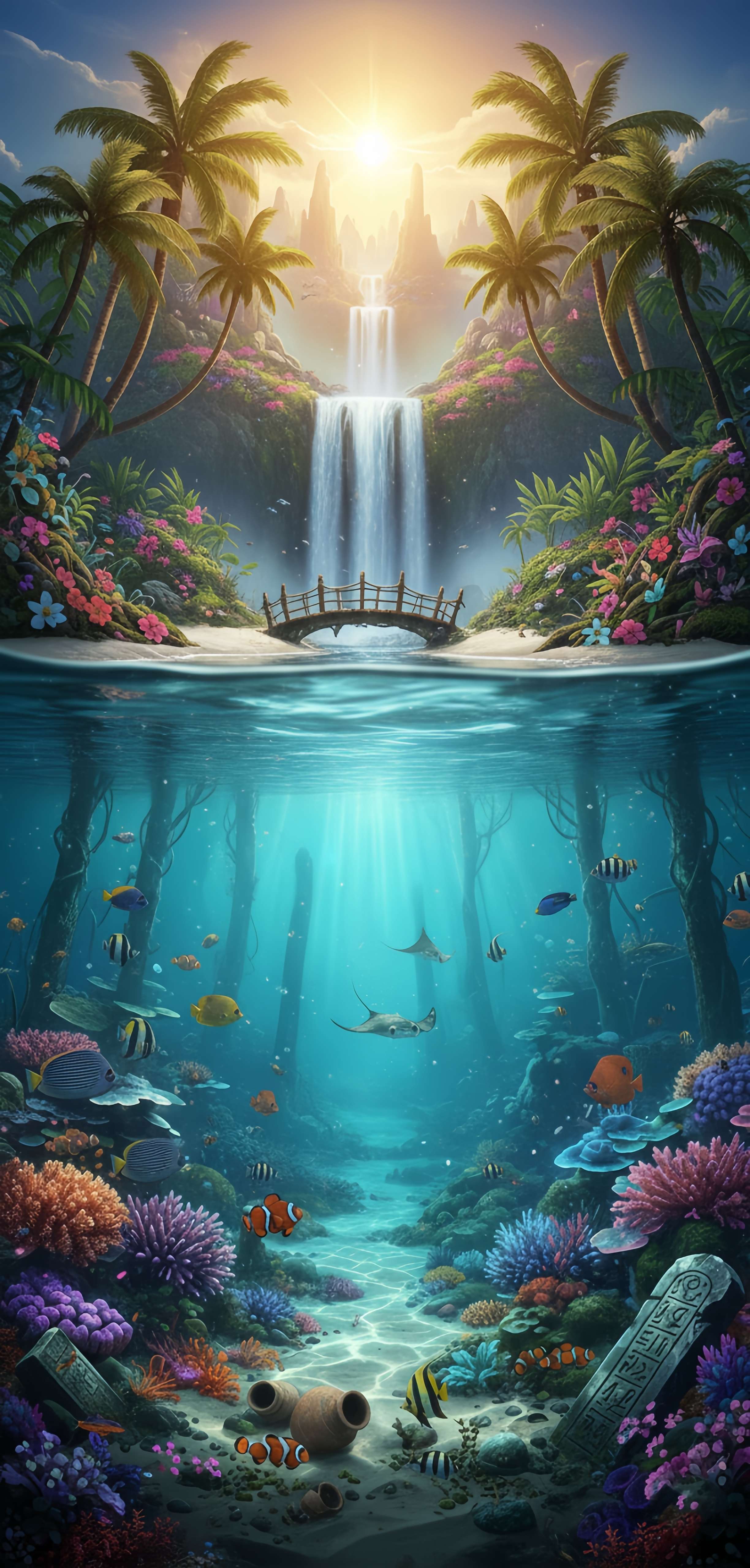 Tropical Reef Waterfall Fantasy Wallpaper