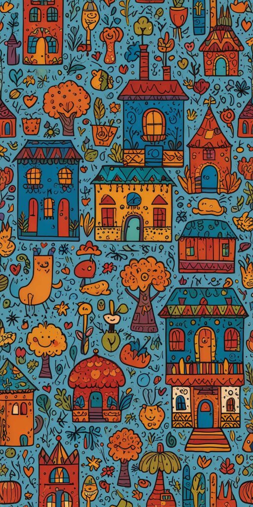 Vibrant Folk Art Doodle Village Wallpaper