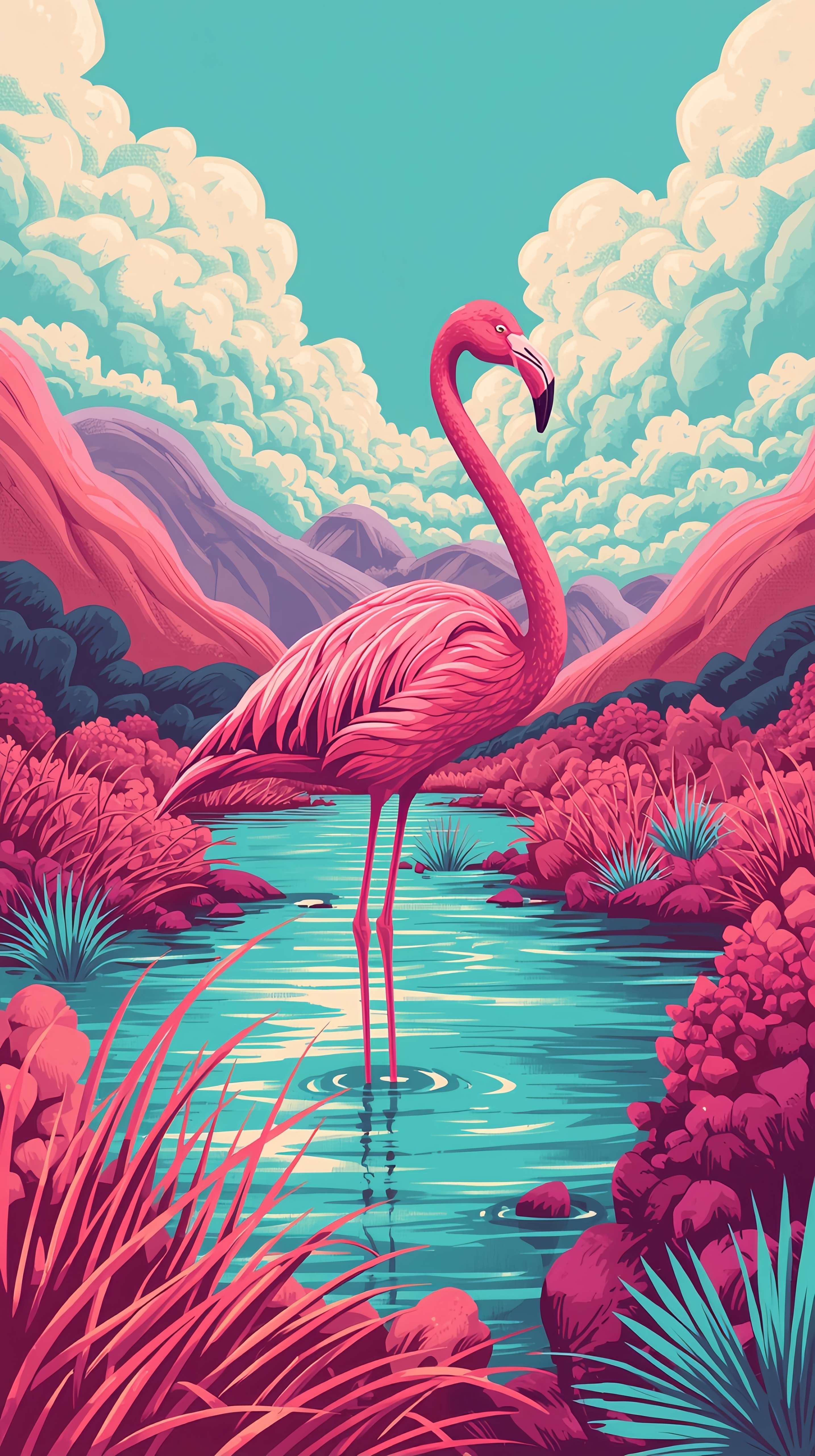 Vibrant Pink Flamingo Surreal Landscape Wallpaper