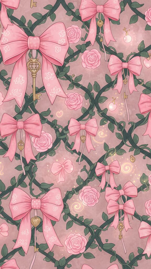 Pink Rose Vine Bow Key Magical Girl Wallpaper
