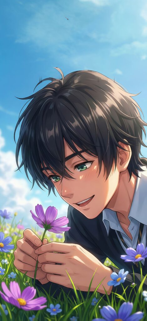 Aesthetic Anime Boy in Flower Field Wallpaper