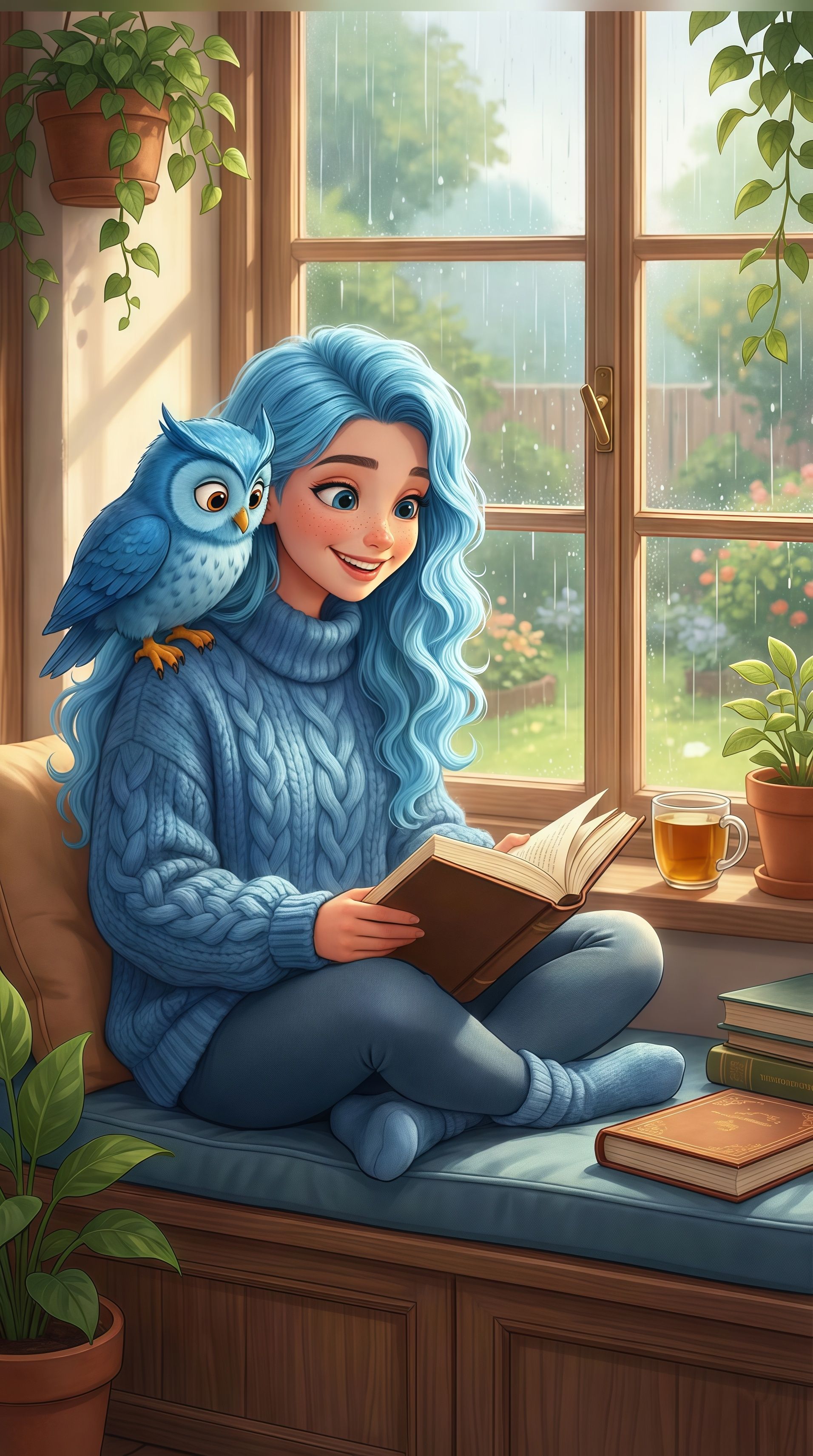 Cozy Blue Hair Girl Reading Wallpaper