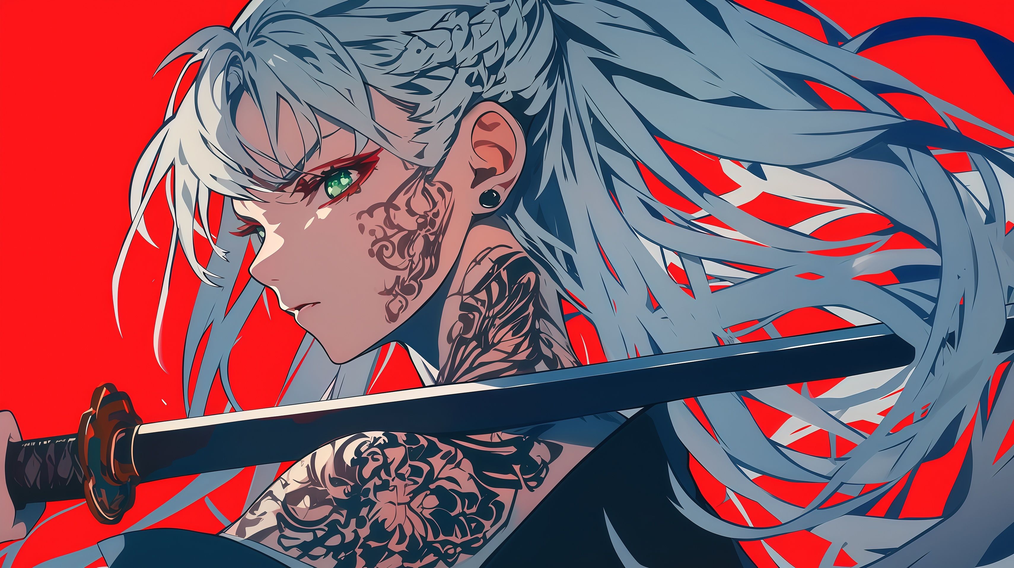 Cyberpunk Tattooed Samurai Girl Desktop Wallpaper