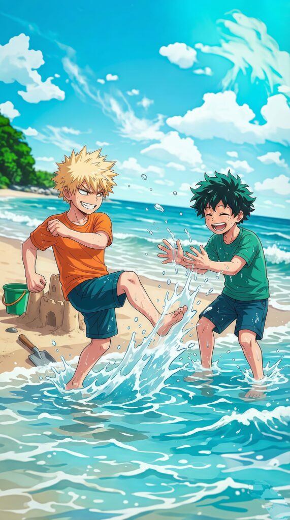 Deku and Bakugo Beach Fun Wallpaper