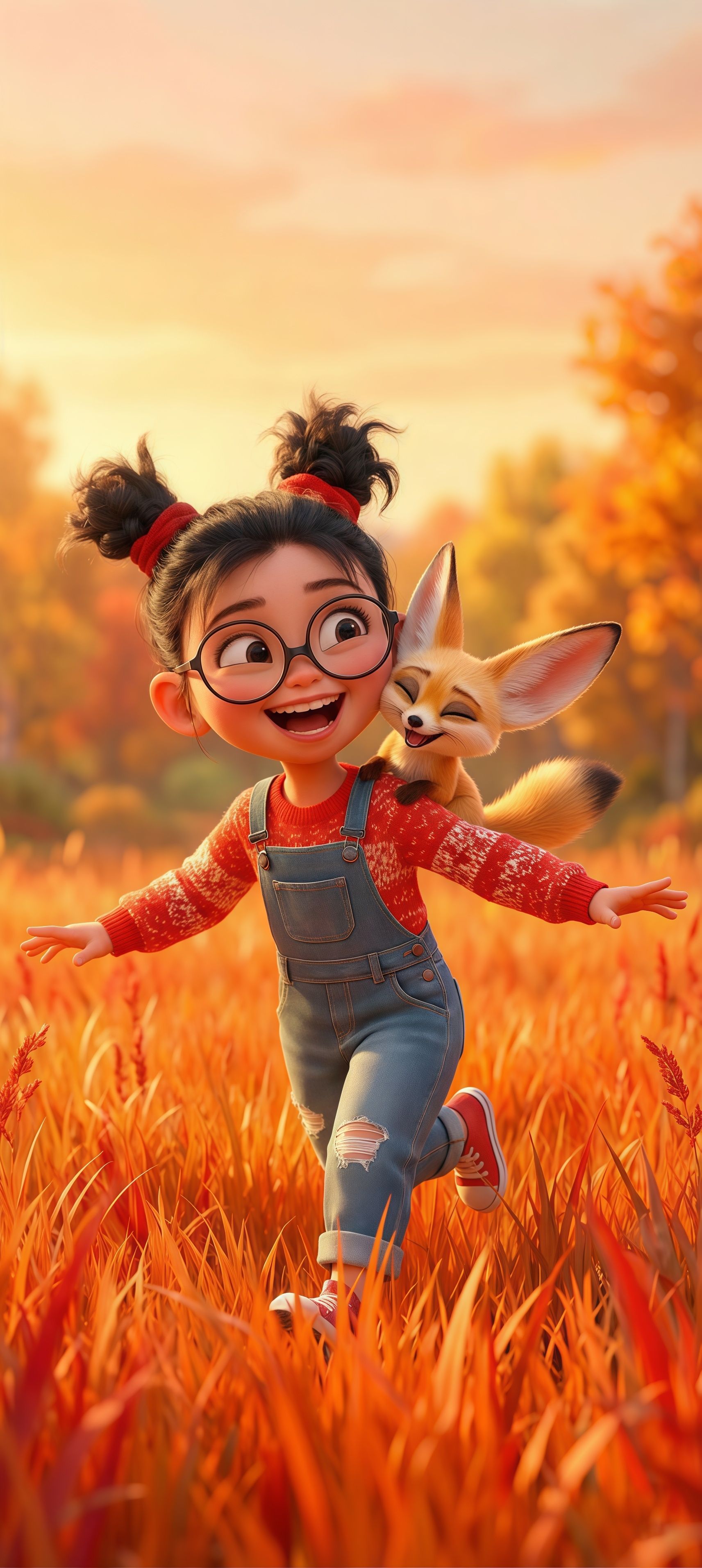 Happy Girl and Fennec Fox Wallpaper