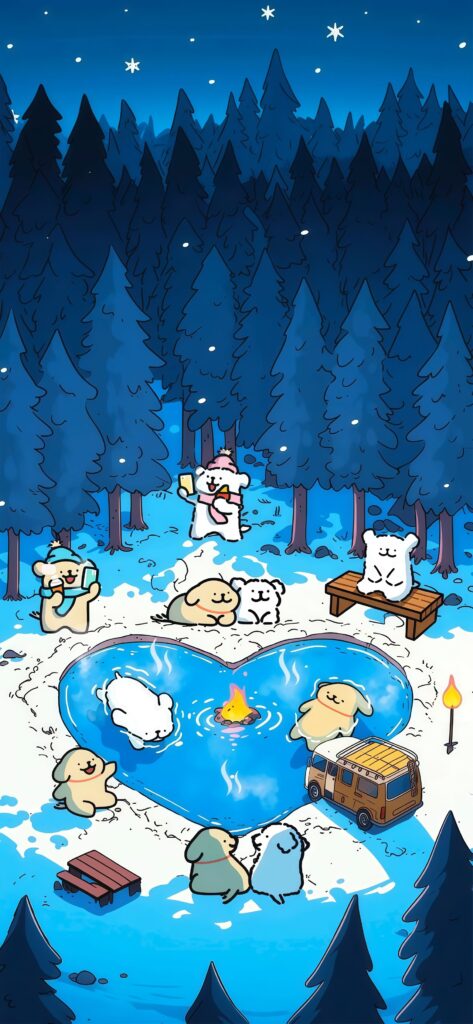 Heart Pond Winter Cartoon Wallpaper