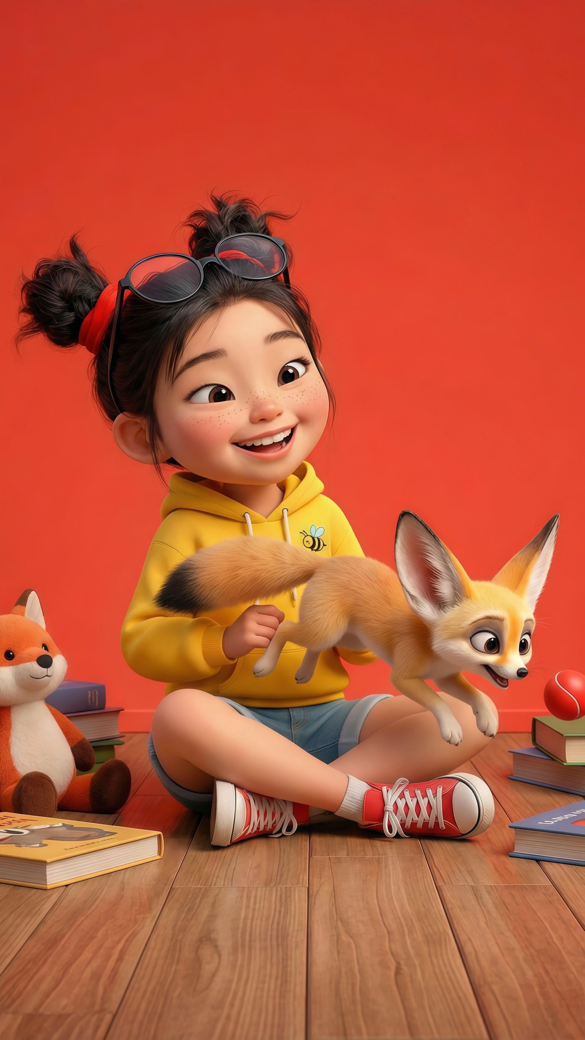 Playful Girl and Pet Fox Wallpaper