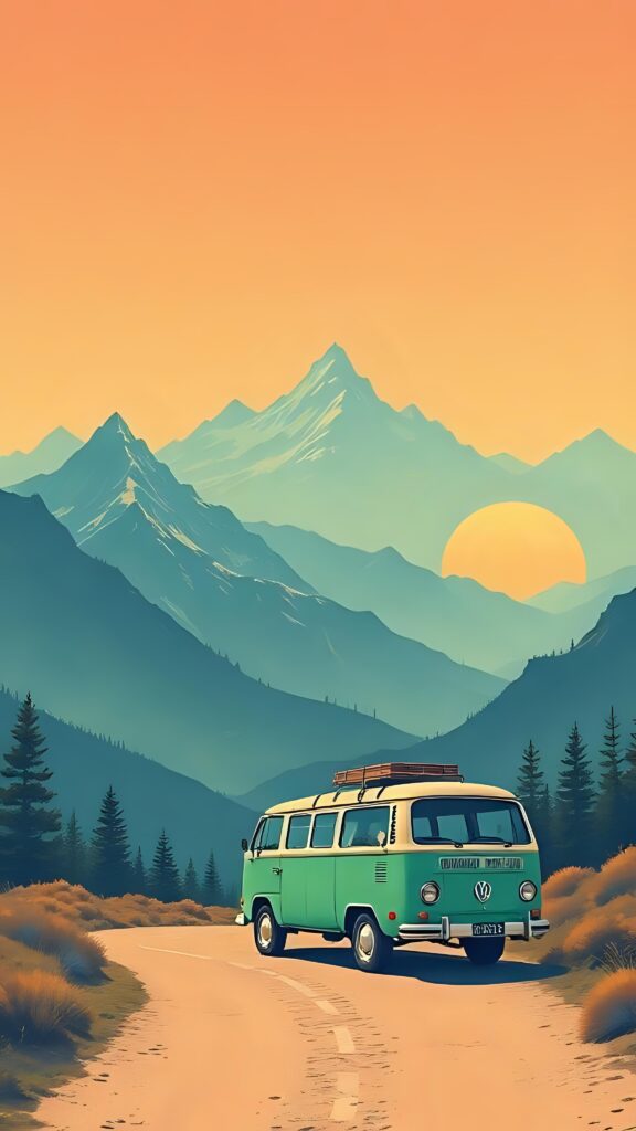 Camper Van Road Trip Retro Wallpaper