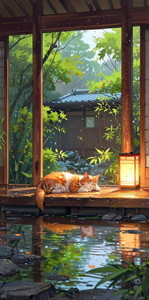 Tranquil Cat Sleeping on a Japanese Porch