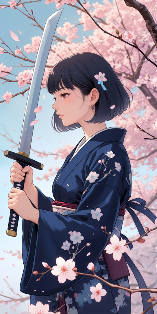 Anime Girl Sword Cherry Blossoms Wallpaper