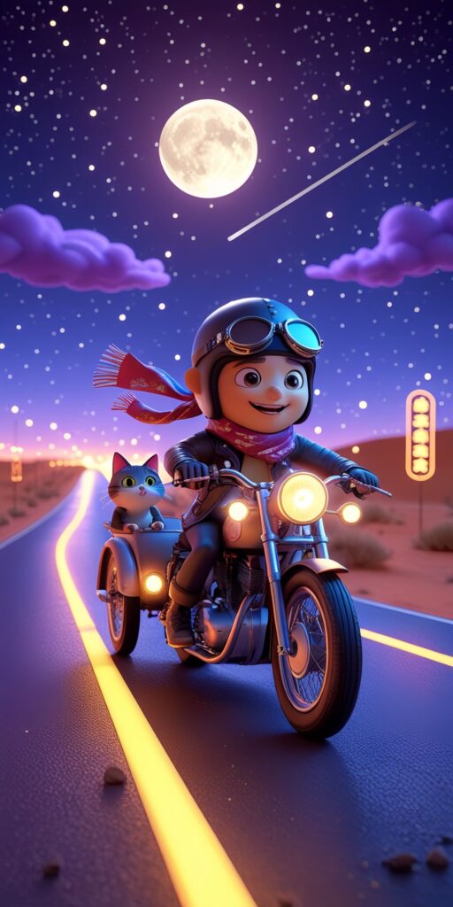 Cartoon Girl and Cat Motorcycle Wallpaper