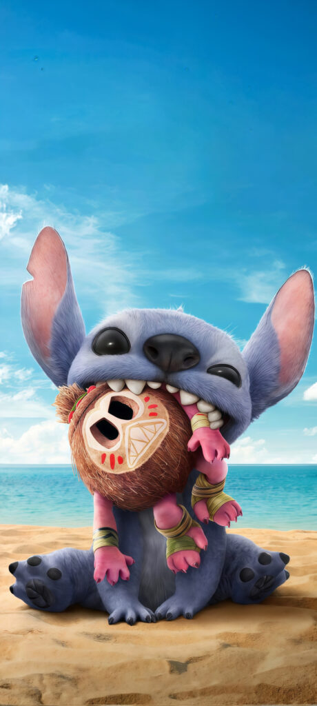 Playful Stitch Biting Tiki Mask Wallpaper
