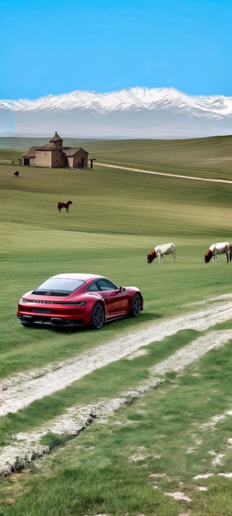 Red Porsche 911 in a Green Field Wallpaper