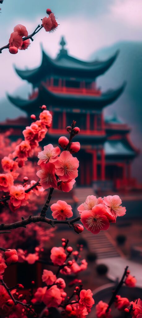 Pink Blossom and Japanese Temple Wallpaper