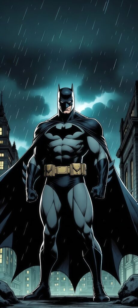 Classic Batman in Rainy Gotham City Wallpaper