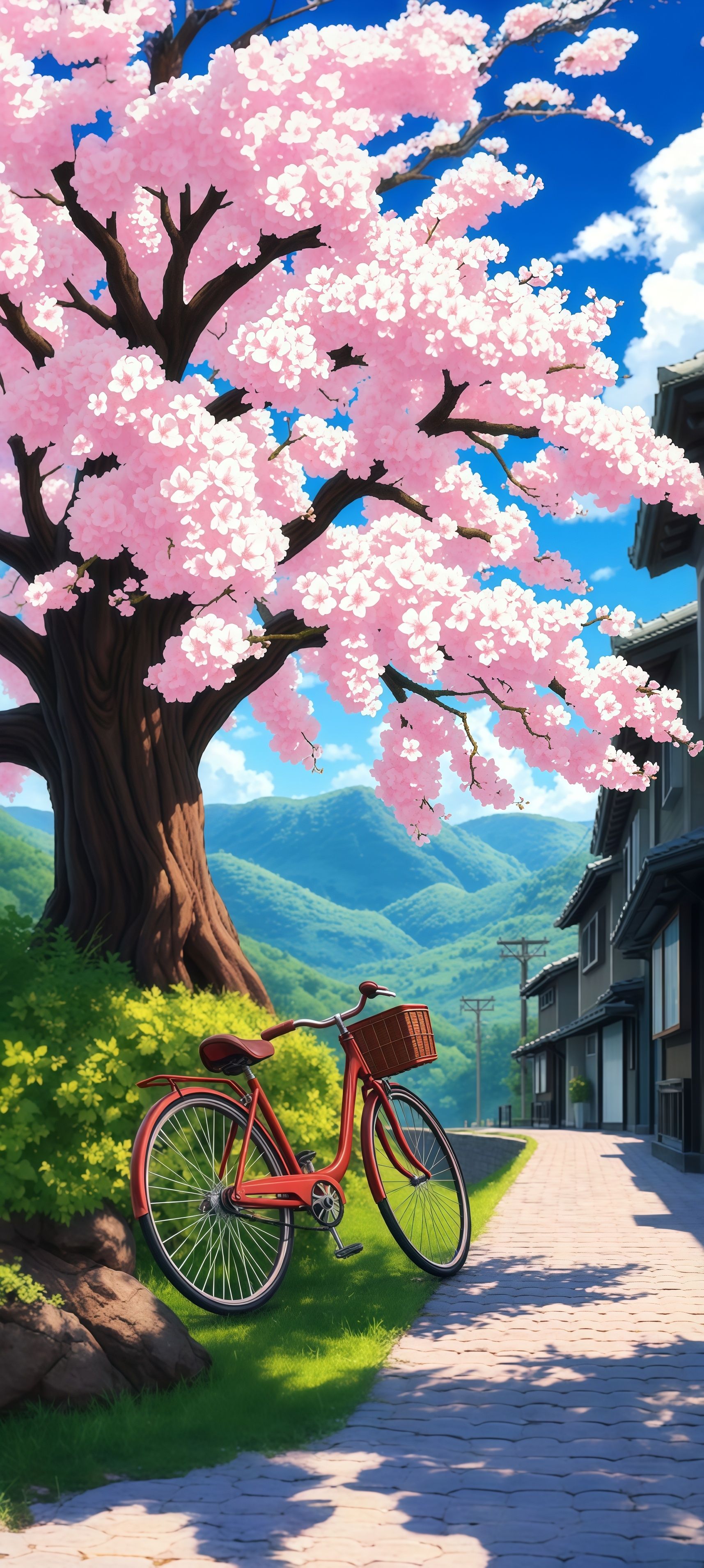 Red Bicycle Under Cherry Blossom Tree Wallpaper