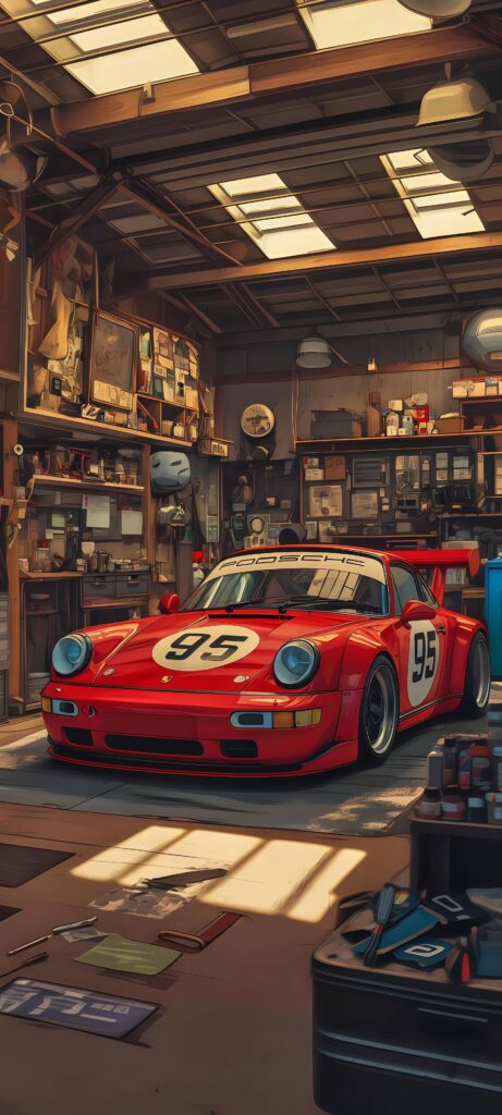 Red Porsche 911 in Vintage Garage Wallpaper