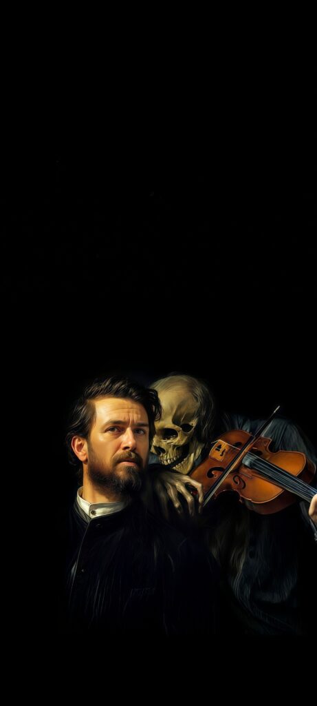 Dark Academia Violinist and Skeleton Wallpaper
