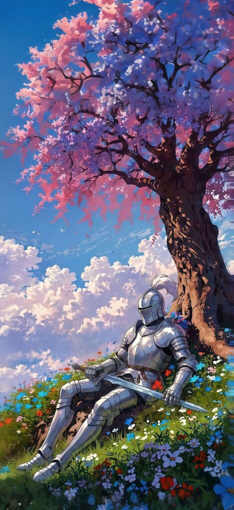 Knight Under Cherry Blossom Tree Wallpaper
