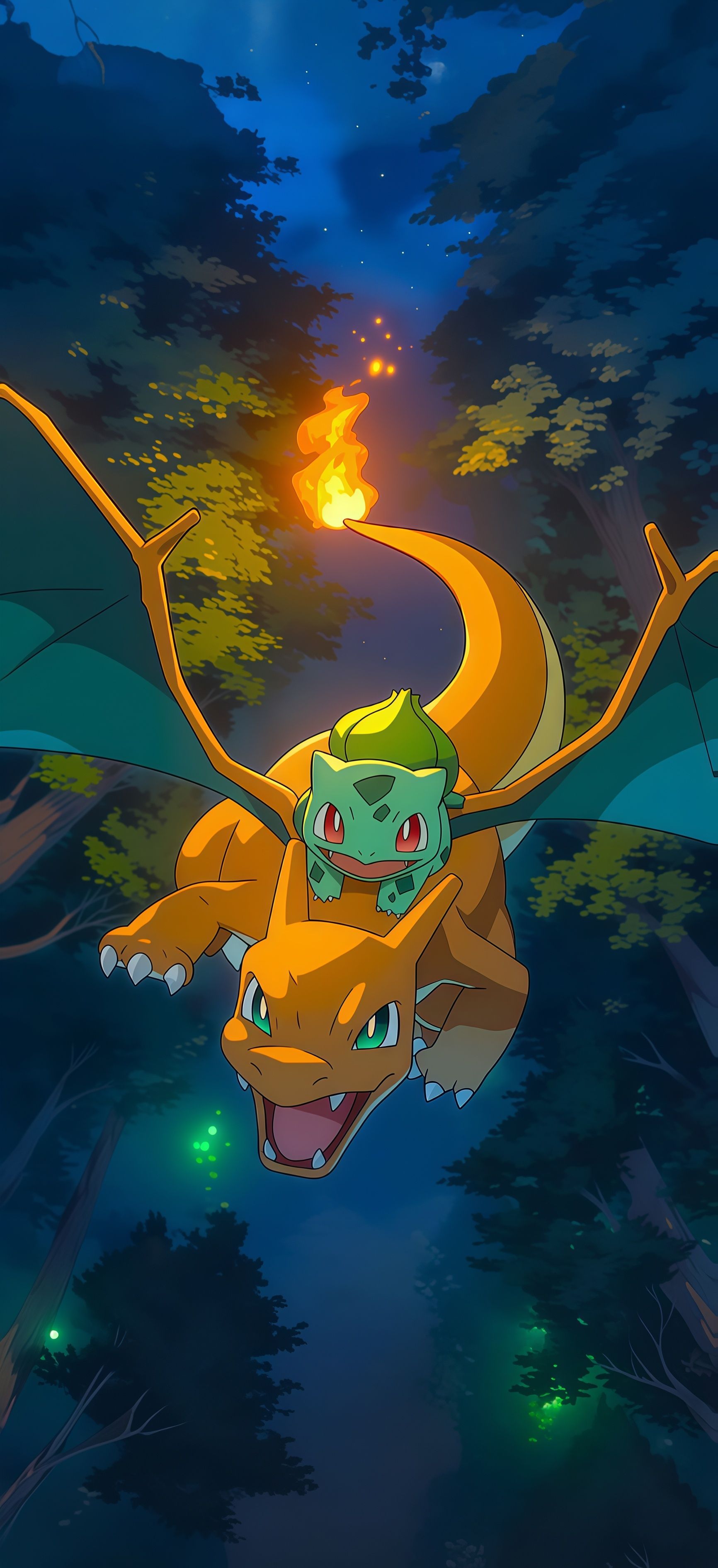 Charizard and Bulbasaur Night Flight Wallpaper
