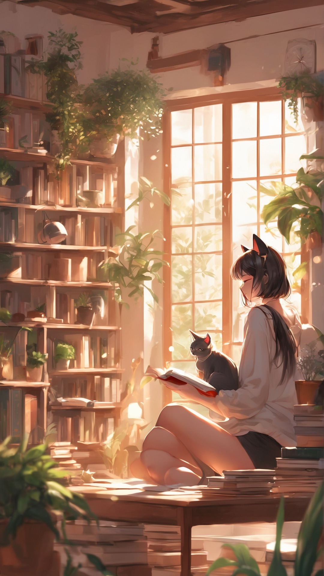 Cozy Catgirl Reading Nook Wallpaper
