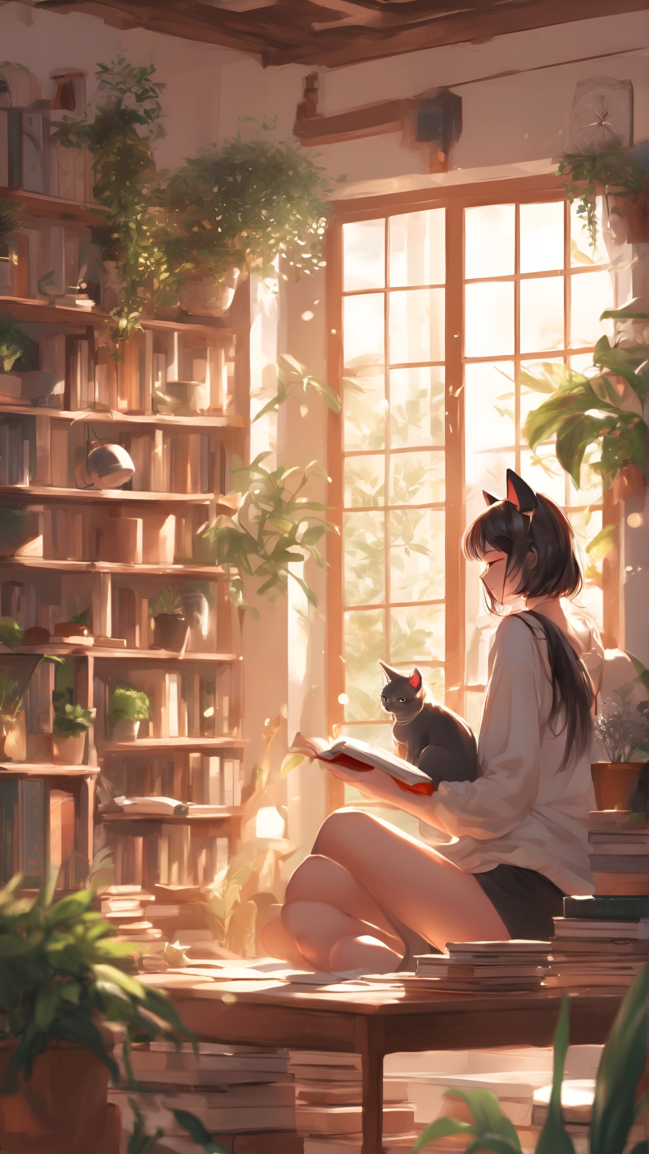 Cozy Catgirl Reading Nook Wallpaper