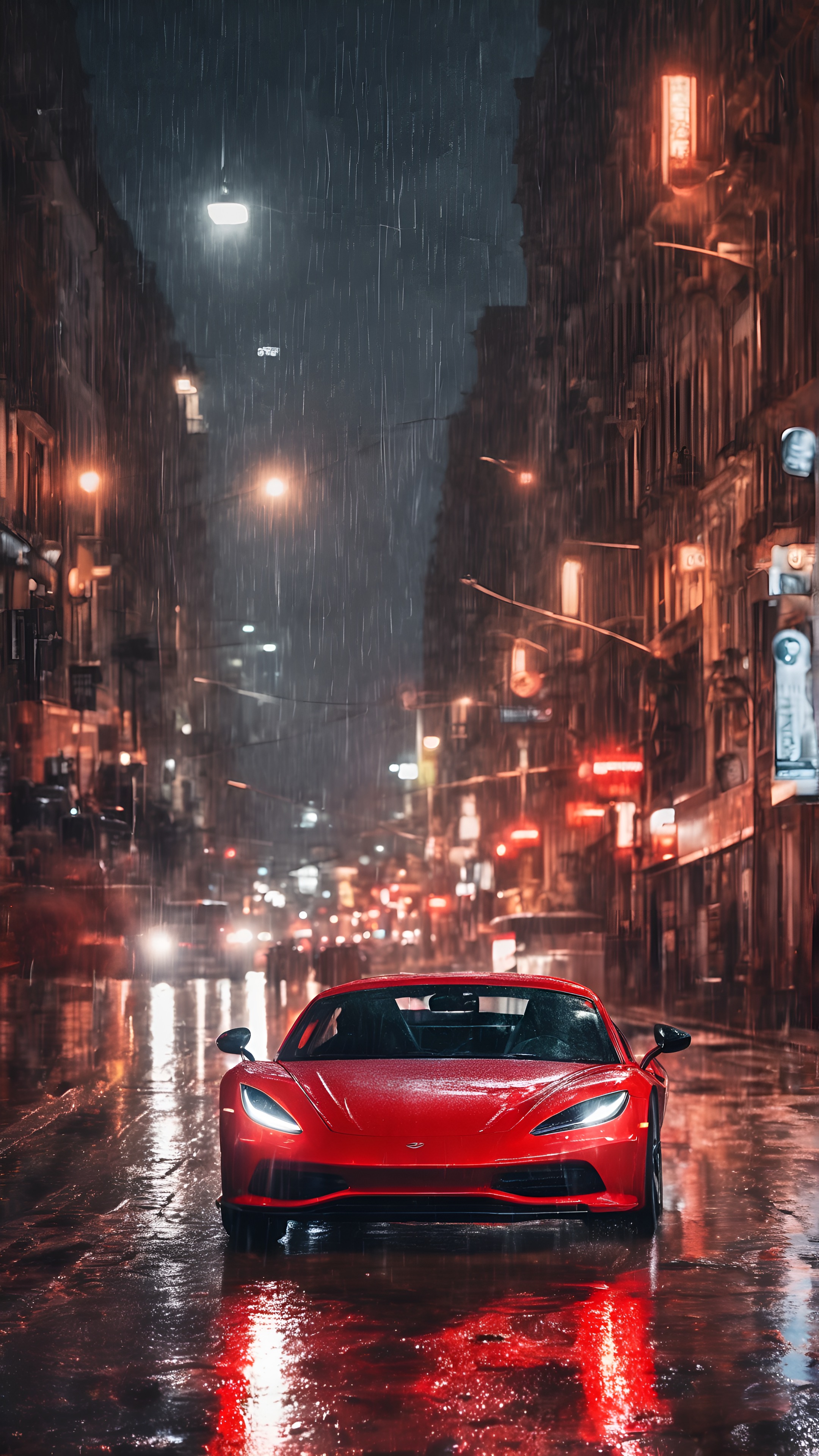 Red Sports Car Rainy Night 4K Wallpaper