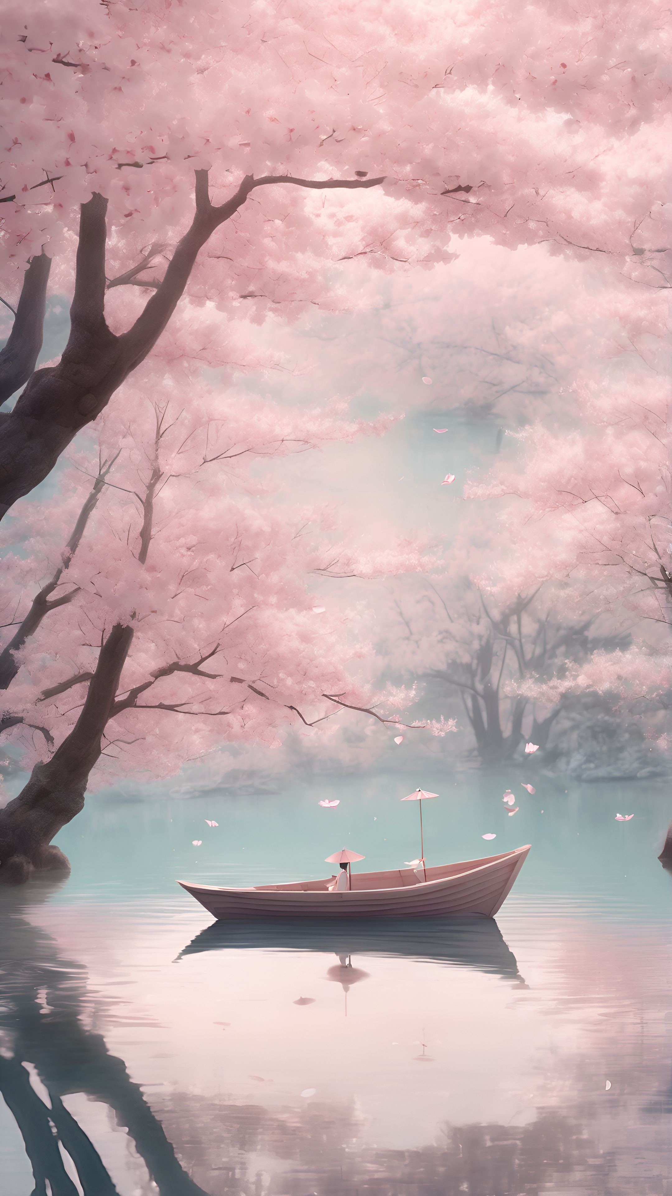 Sakura Boat Serene Lake 4K Wallpaper