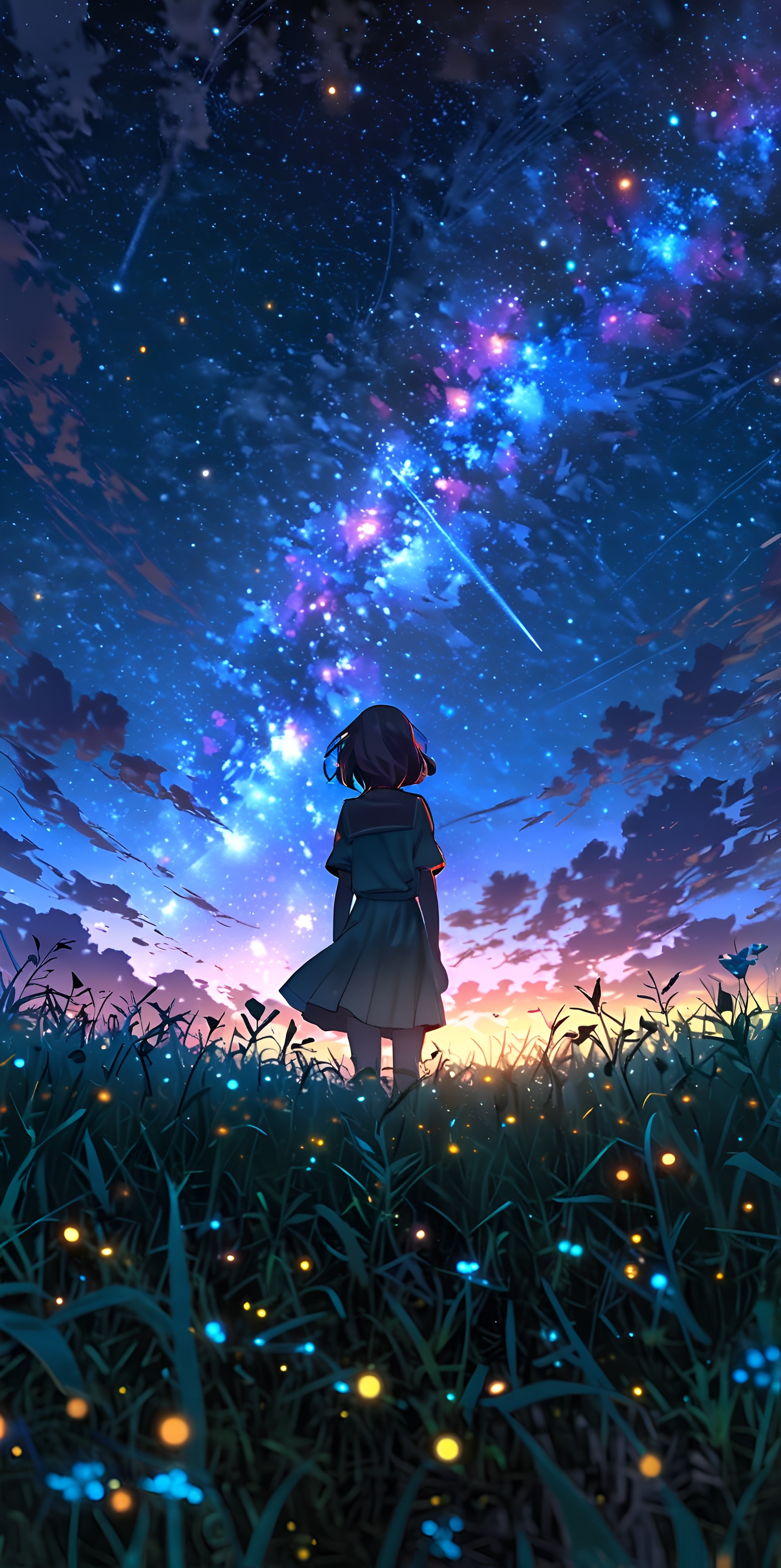 Girl looking at galaxy wallpaper