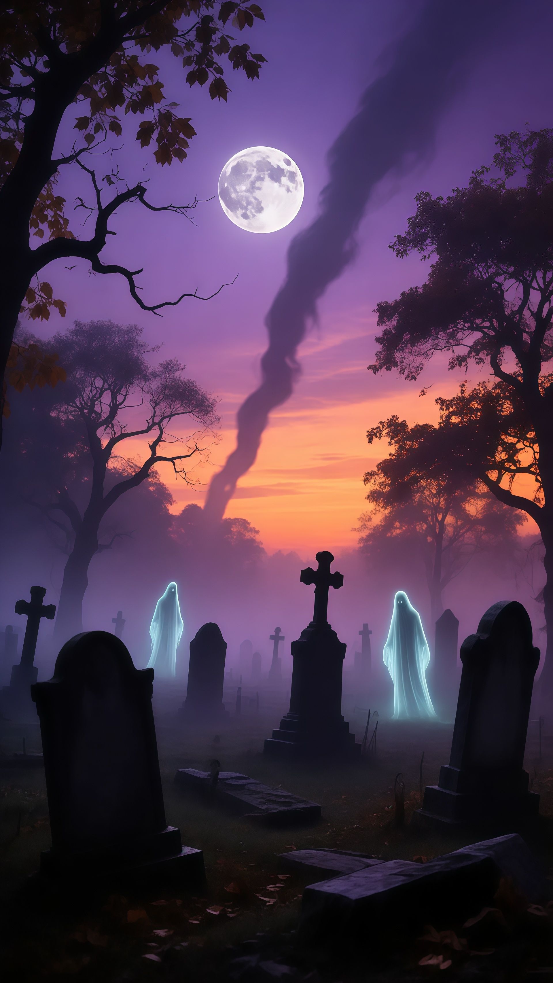 Eerie Halloween Graveyard Full Moon Ghosts Wallpaper