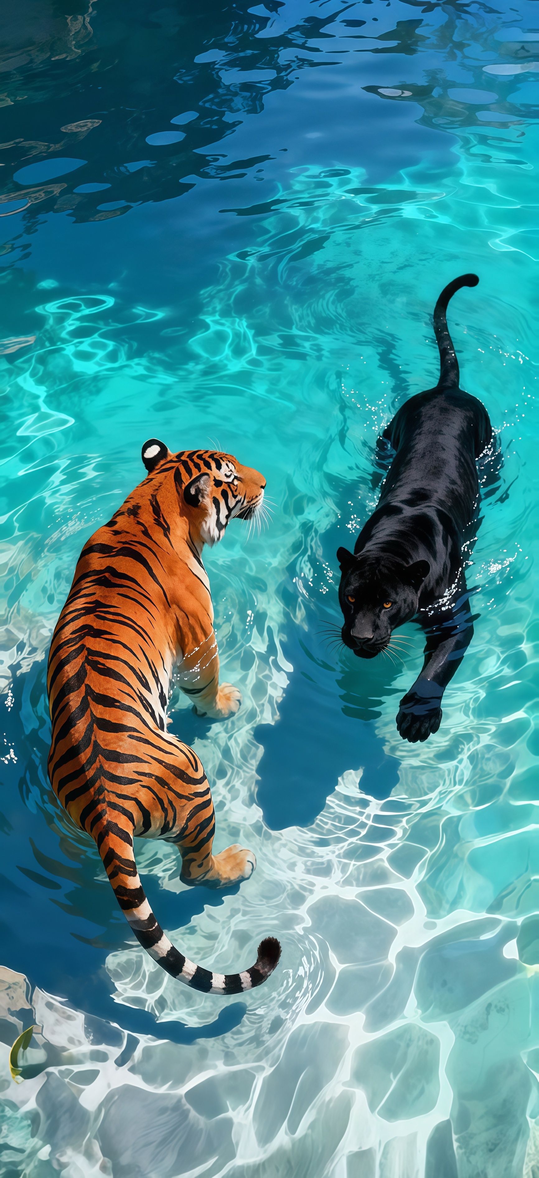 Tiger and Panther Swimming Wallpaper