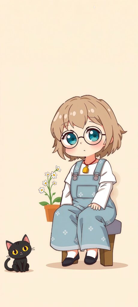 Chibi Girl with Glasses and Black Cat Wallpaper