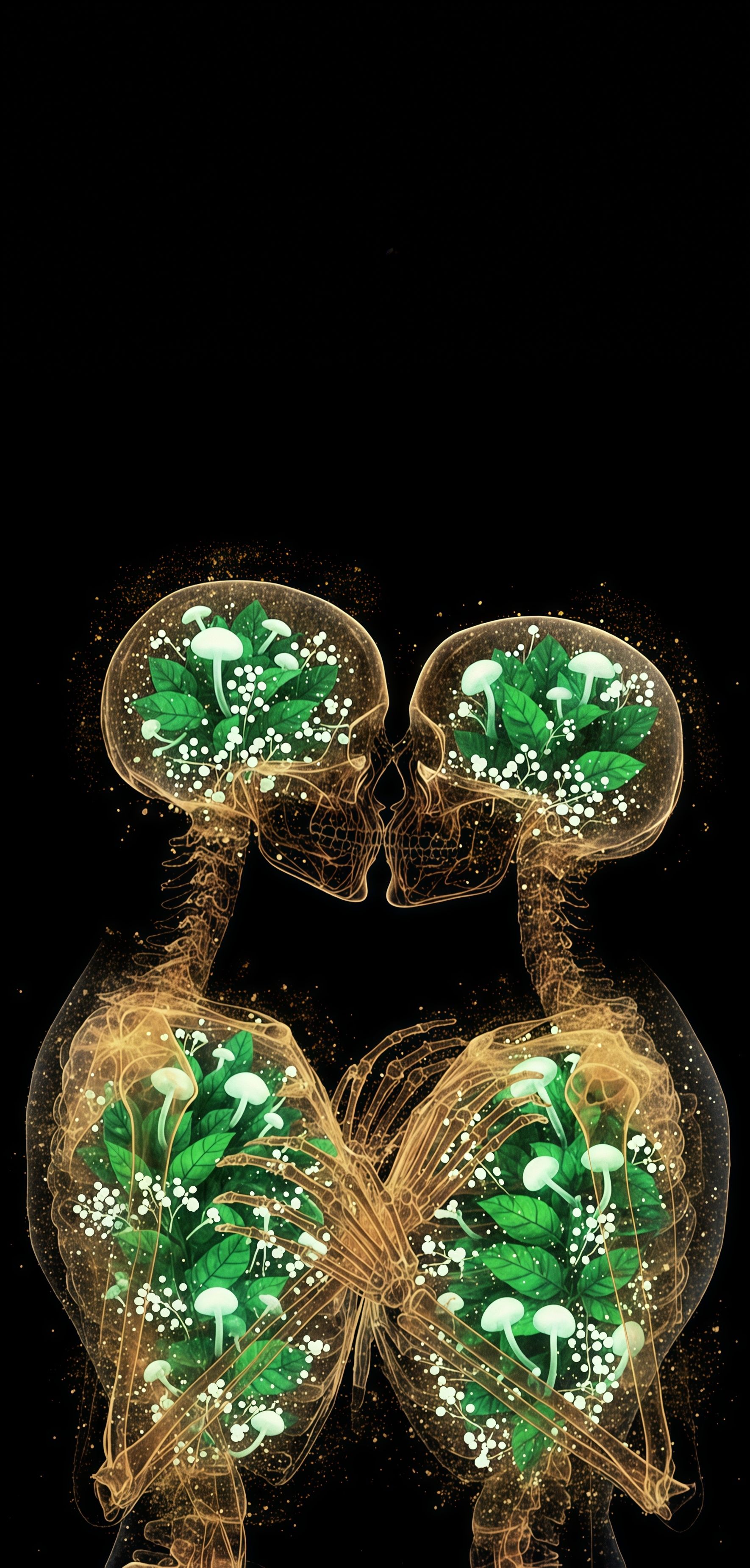 Romantic Botanical Skeleton Kiss X-Ray Wallpaper